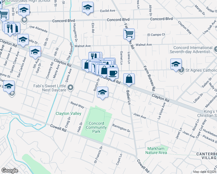 map of restaurants, bars, coffee shops, grocery stores, and more near 1481 Barbis Way in Concord