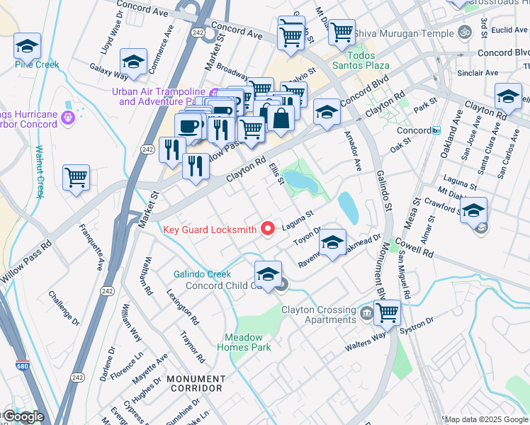 map of restaurants, bars, coffee shops, grocery stores, and more near 1531 Adelaide Street in Concord