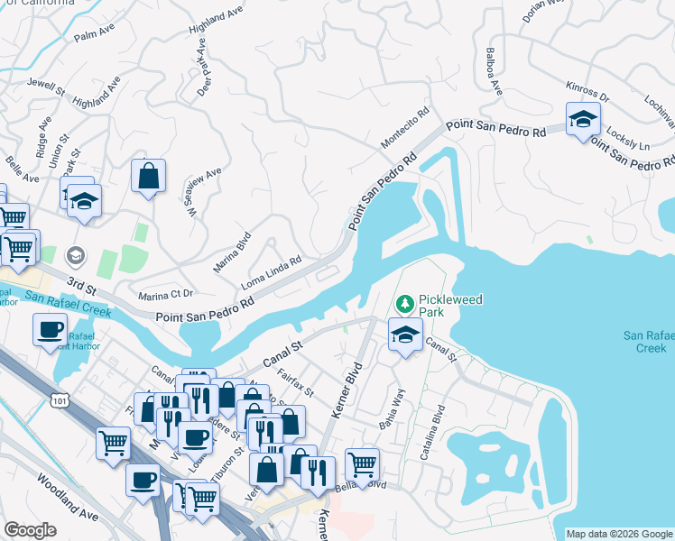 map of restaurants, bars, coffee shops, grocery stores, and more near 23 Porto Bello Drive in San Rafael