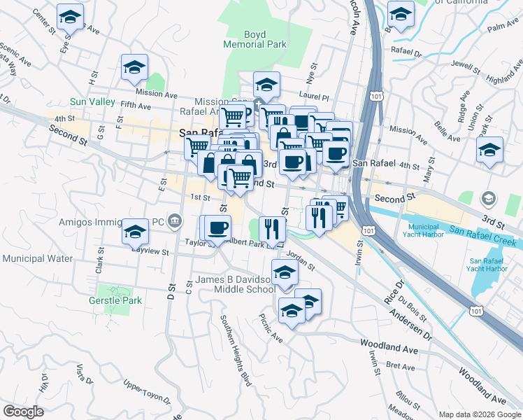 map of restaurants, bars, coffee shops, grocery stores, and more near 155 Andersen Drive in San Rafael