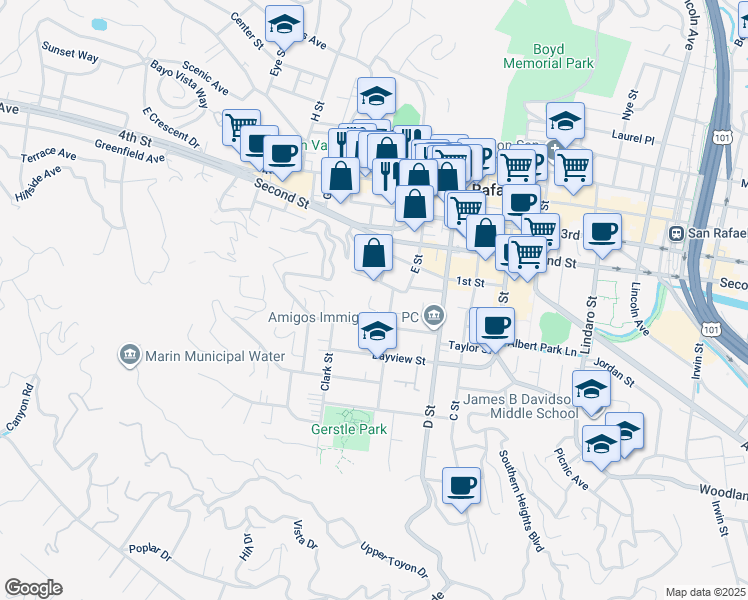 map of restaurants, bars, coffee shops, grocery stores, and more near 219 Marin Street in San Rafael