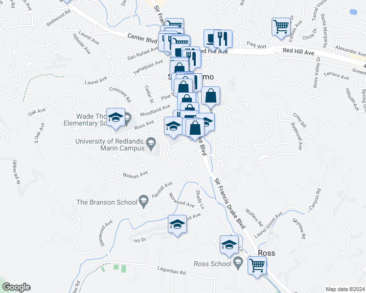 map of restaurants, bars, coffee shops, grocery stores, and more near 16 Bolinas Avenue in San Anselmo
