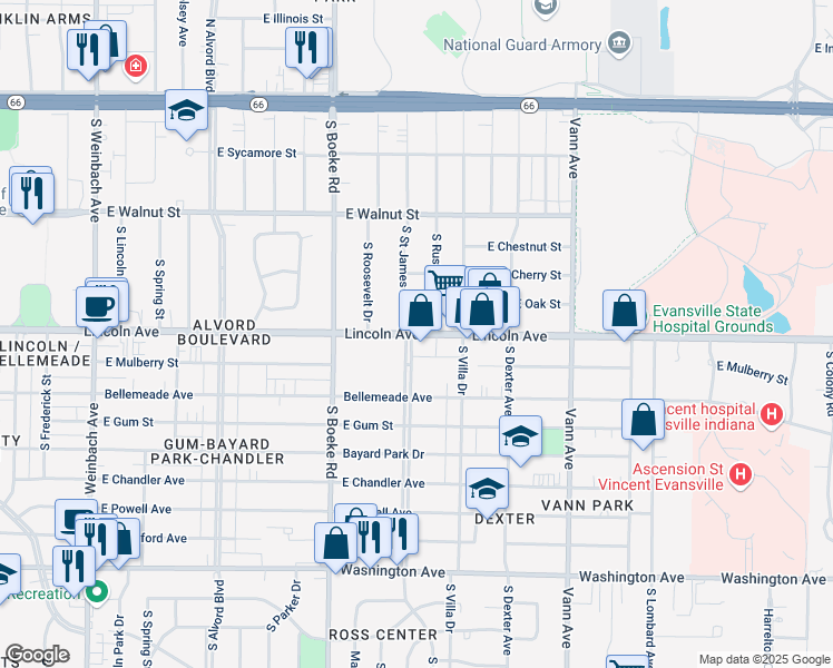 map of restaurants, bars, coffee shops, grocery stores, and more near 601-605 South Saint James Boulevard in Evansville