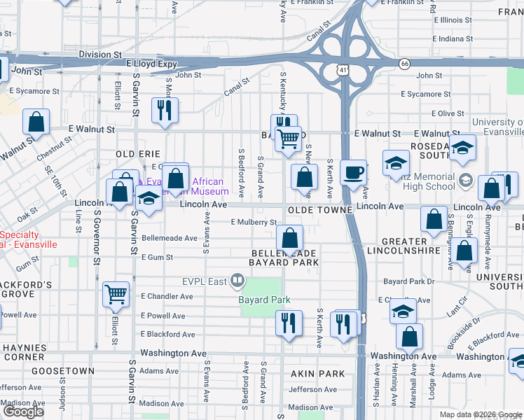 map of restaurants, bars, coffee shops, grocery stores, and more near 928 East Mulberry Street in Evansville
