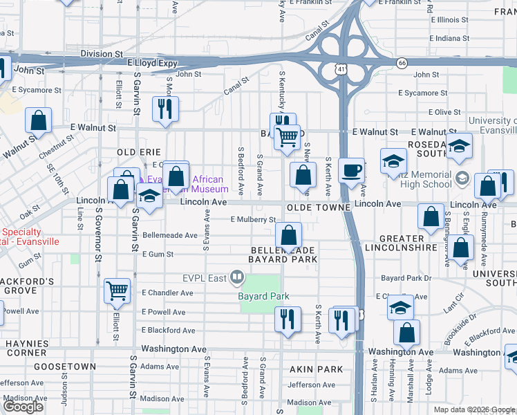 map of restaurants, bars, coffee shops, grocery stores, and more near 928 East Mulberry Street in Evansville