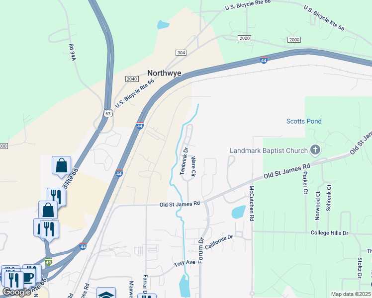 map of restaurants, bars, coffee shops, grocery stores, and more near 2176 Ware Circle in Rolla