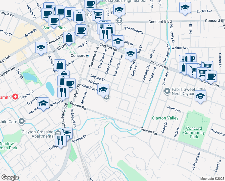map of restaurants, bars, coffee shops, grocery stores, and more near 3010 Mount Diablo Street in Concord