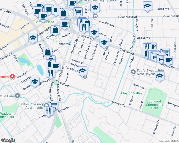 map of restaurants, bars, coffee shops, grocery stores, and more near 3010 Mount Diablo Street in Concord