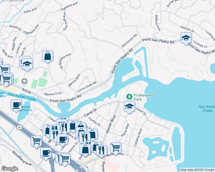 map of restaurants, bars, coffee shops, grocery stores, and more near 23 Porto Bello Drive in San Rafael