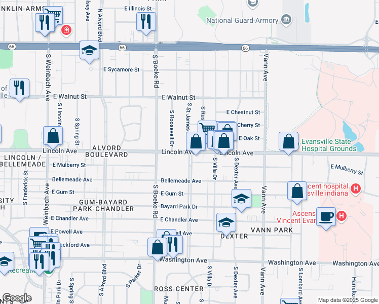 map of restaurants, bars, coffee shops, grocery stores, and more near 601 South Saint James Boulevard in Evansville