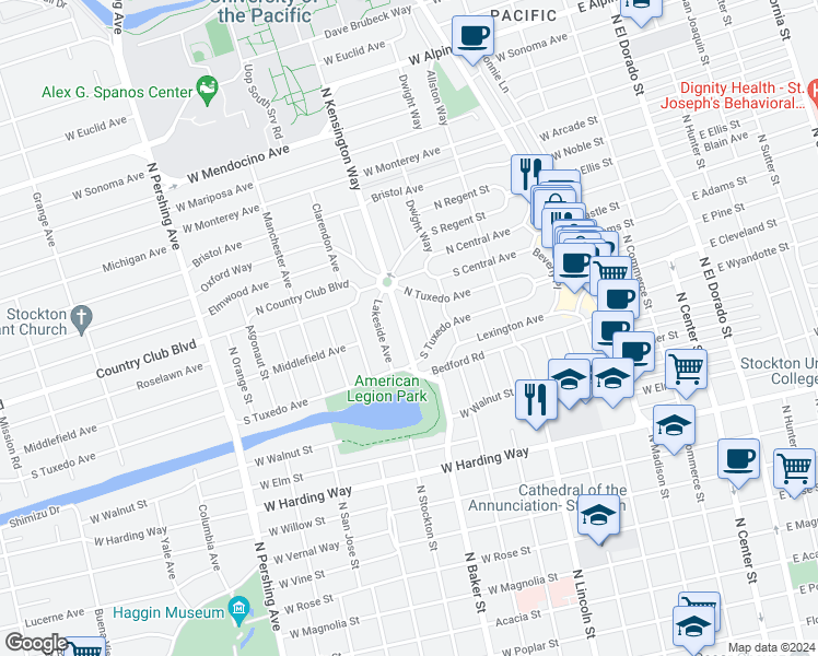 map of restaurants, bars, coffee shops, grocery stores, and more near 2234 Kensington Way in Stockton