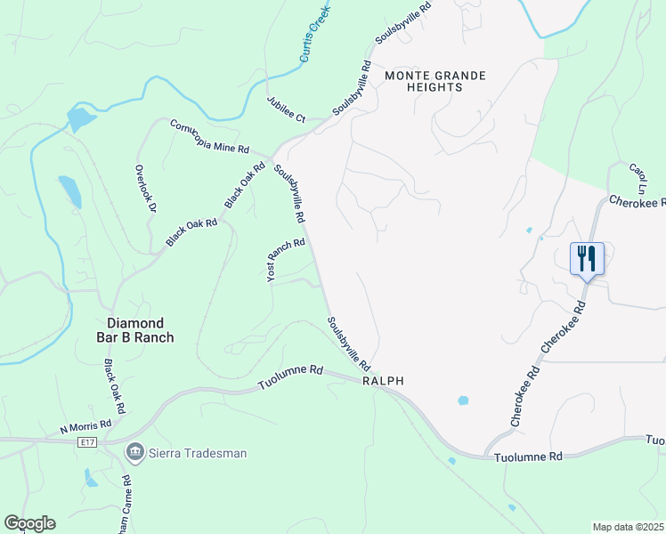 map of restaurants, bars, coffee shops, grocery stores, and more near 19151 Soulsbyville Road in Sonora