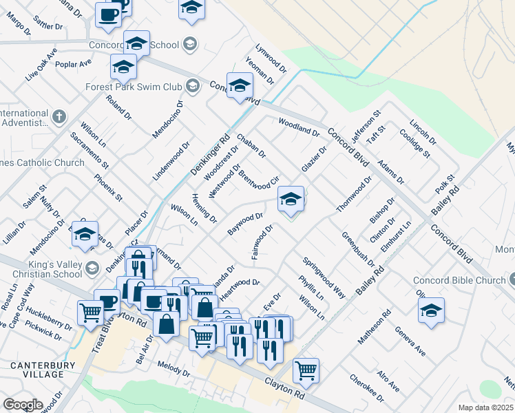 map of restaurants, bars, coffee shops, grocery stores, and more near 1734 Glazier Drive in Concord