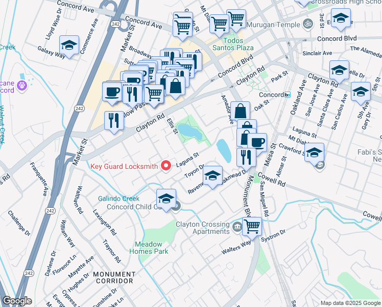 map of restaurants, bars, coffee shops, grocery stores, and more near 1500 Ellis Street in Concord