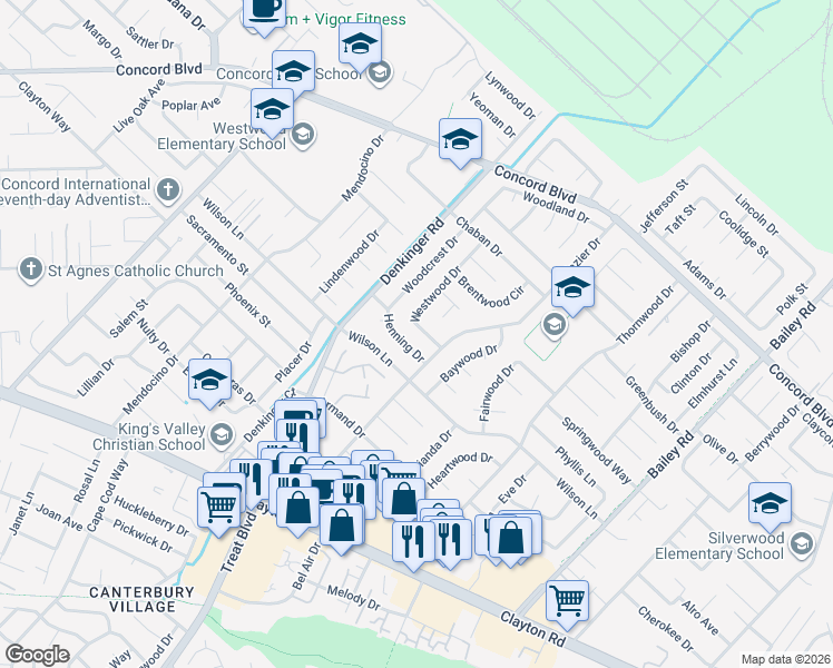 map of restaurants, bars, coffee shops, grocery stores, and more near 1687 Westwood Drive in Concord