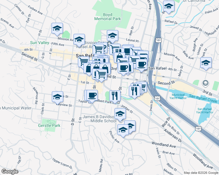 map of restaurants, bars, coffee shops, grocery stores, and more near 155 Andersen Drive in San Rafael