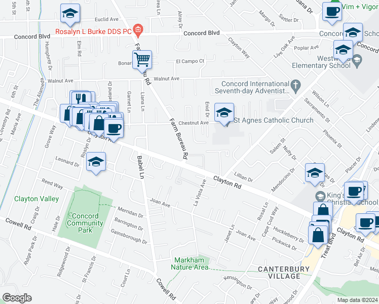 map of restaurants, bars, coffee shops, grocery stores, and more near 1512 Farm Bureau Road in Concord