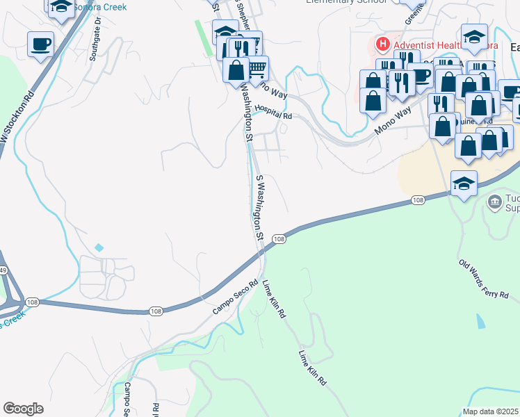 map of restaurants, bars, coffee shops, grocery stores, and more near 1023 S Washington St in Sonora