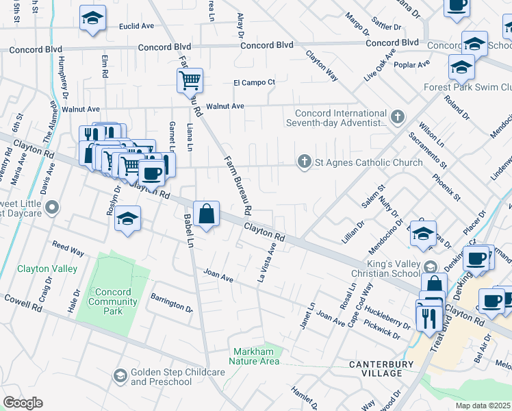 map of restaurants, bars, coffee shops, grocery stores, and more near 1514 Farm Bureau Road in Concord