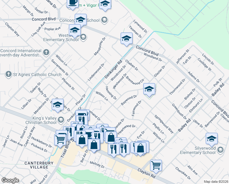 map of restaurants, bars, coffee shops, grocery stores, and more near 1687 Westwood Drive in Concord