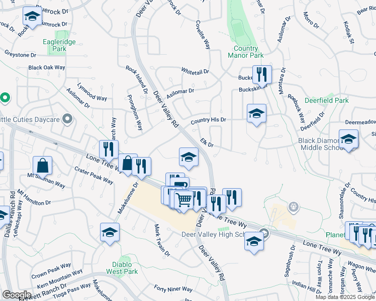 map of restaurants, bars, coffee shops, grocery stores, and more near 4850 Deer Valley Road in Antioch