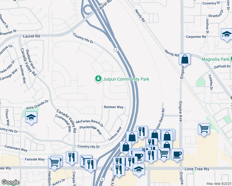 map of restaurants, bars, coffee shops, grocery stores, and more near 5612 Ridgepoint Way in Antioch