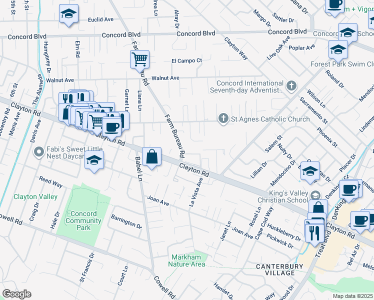 map of restaurants, bars, coffee shops, grocery stores, and more near 1512 Farm Bureau Road in Concord