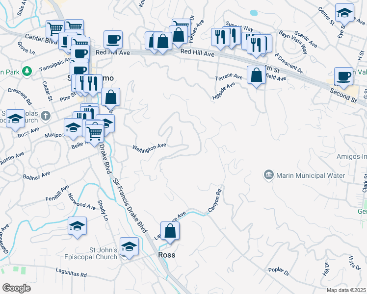 map of restaurants, bars, coffee shops, grocery stores, and more near 97 Wellington Avenue in San Anselmo