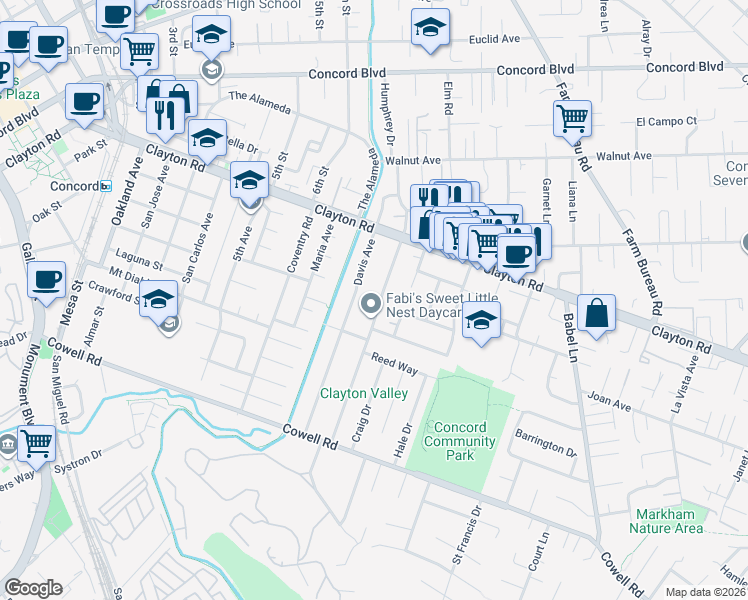 map of restaurants, bars, coffee shops, grocery stores, and more near 1393 Grove Way in Concord