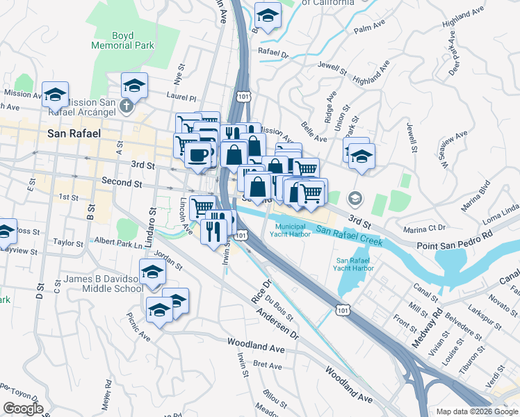 map of restaurants, bars, coffee shops, grocery stores, and more near 711 Grand Avenue in San Rafael