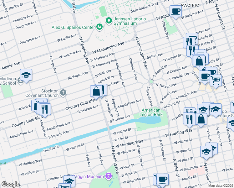 map of restaurants, bars, coffee shops, grocery stores, and more near 2249 North San Jose Street in Stockton