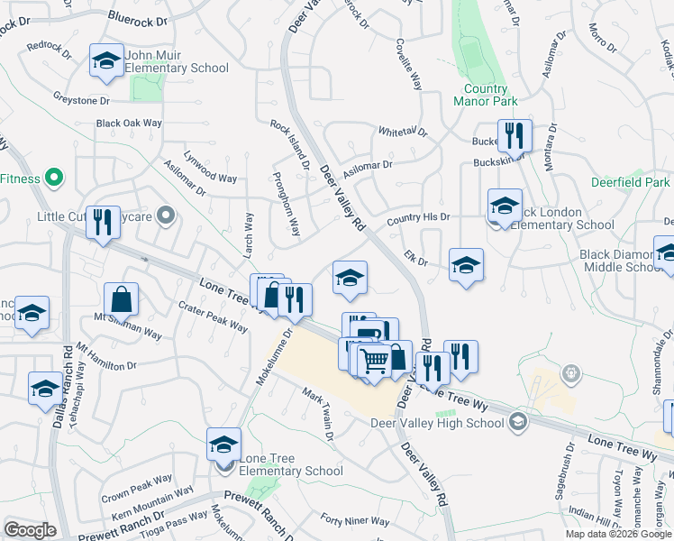 map of restaurants, bars, coffee shops, grocery stores, and more near 2310 Country Hills Drive in Antioch