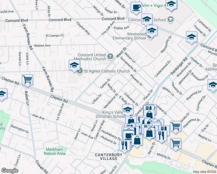 map of restaurants, bars, coffee shops, grocery stores, and more near 4088 Nulty Drive in Concord
