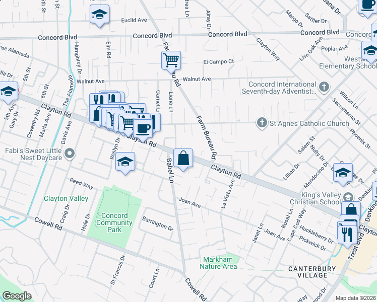 map of restaurants, bars, coffee shops, grocery stores, and more near 3717 Clayton Road in Concord