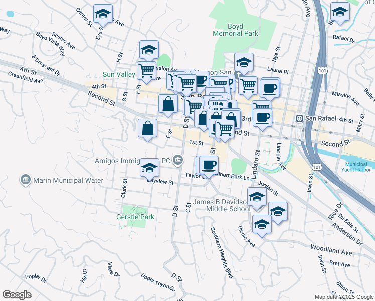 map of restaurants, bars, coffee shops, grocery stores, and more near 531 Treanor Street in San Rafael