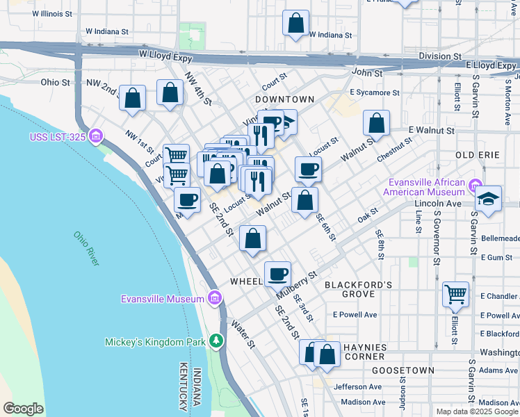 map of restaurants, bars, coffee shops, grocery stores, and more near in Evansville