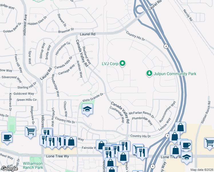map of restaurants, bars, coffee shops, grocery stores, and more near 5445 Mountain Ridge Way in Antioch