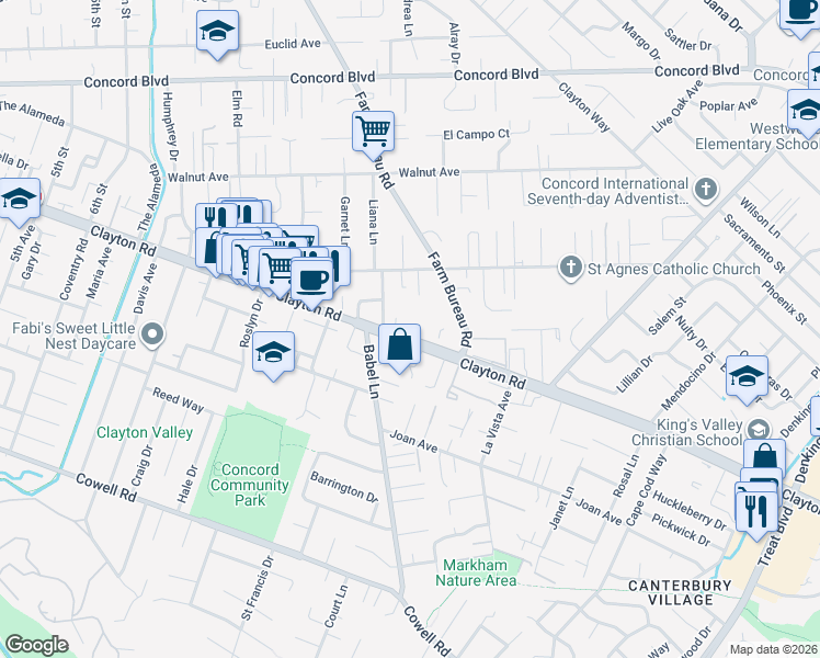 map of restaurants, bars, coffee shops, grocery stores, and more near 3717 Clayton Road in Concord