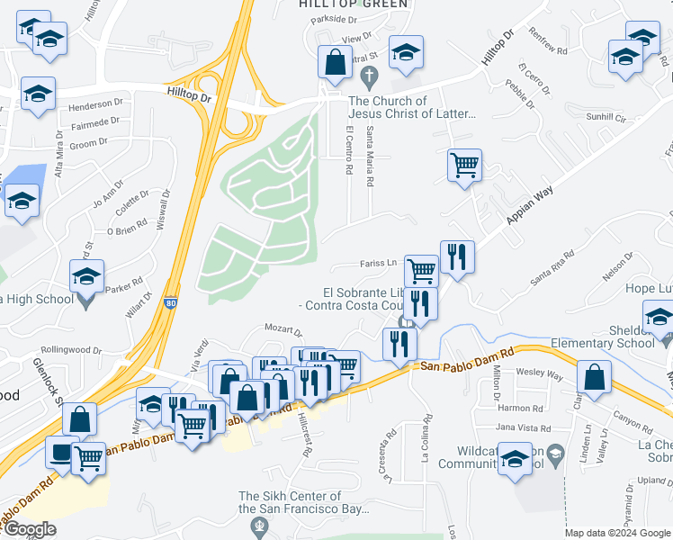 map of restaurants, bars, coffee shops, grocery stores, and more near 4000 Fariss Lane in El Sobrante
