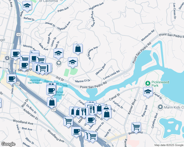 map of restaurants, bars, coffee shops, grocery stores, and more near 10 East Mission Avenue in San Rafael