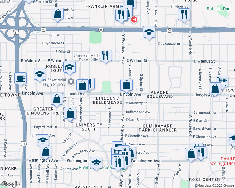 map of restaurants, bars, coffee shops, grocery stores, and more near 1925 Lincoln Ave in Evansville