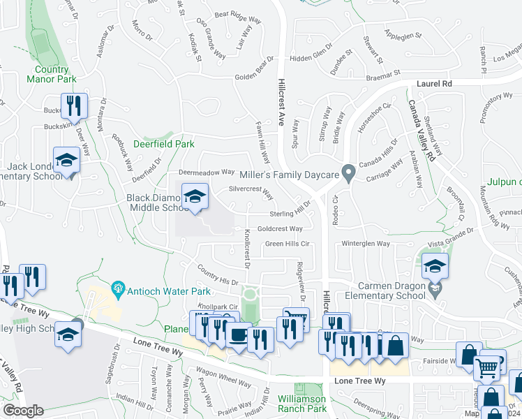 map of restaurants, bars, coffee shops, grocery stores, and more near 4813 Sterling Hill Drive in Antioch