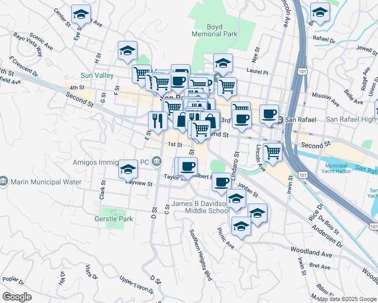 map of restaurants, bars, coffee shops, grocery stores, and more near 601 B Street in San Rafael