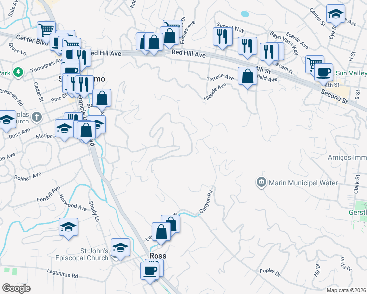 map of restaurants, bars, coffee shops, grocery stores, and more near 95 Wellington Avenue in San Anselmo