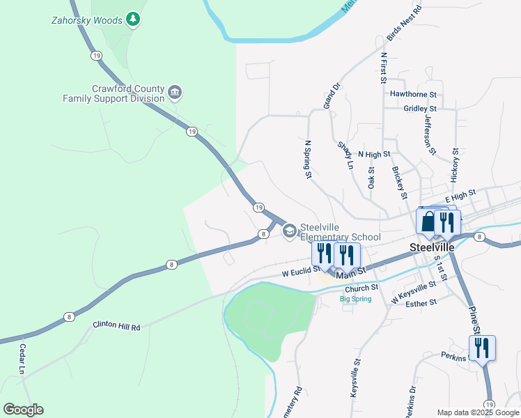 map of restaurants, bars, coffee shops, grocery stores, and more near Highway 19 in Steelville