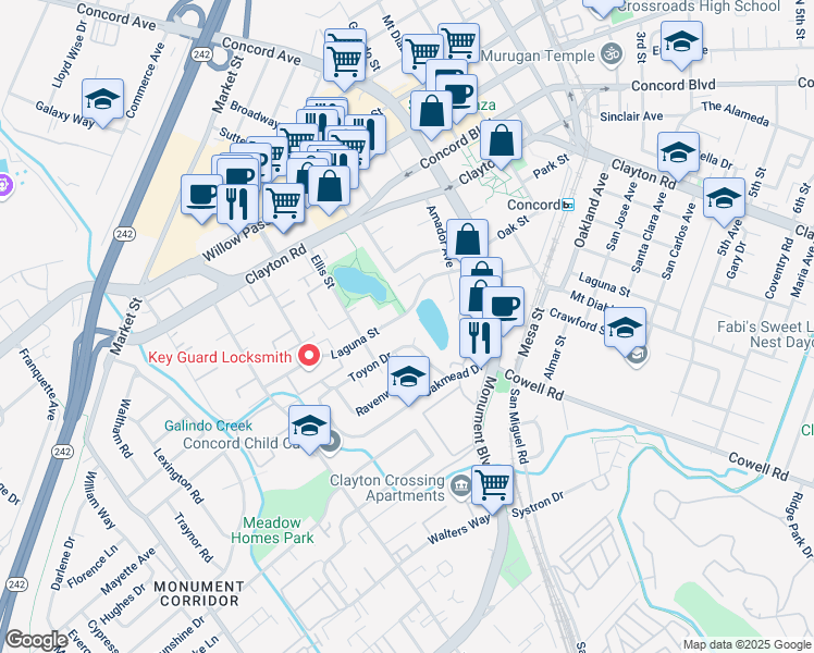 map of restaurants, bars, coffee shops, grocery stores, and more near 1818 Laguna Street in Concord