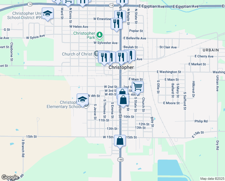 map of restaurants, bars, coffee shops, grocery stores, and more near West 3rd Street in Christopher