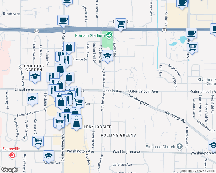 map of restaurants, bars, coffee shops, grocery stores, and more near 5406 Lincoln Avenue in Evansville