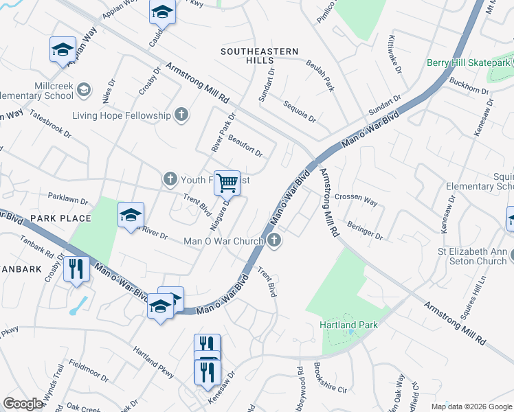 map of restaurants, bars, coffee shops, grocery stores, and more near 1450 Vintage Circle in Lexington