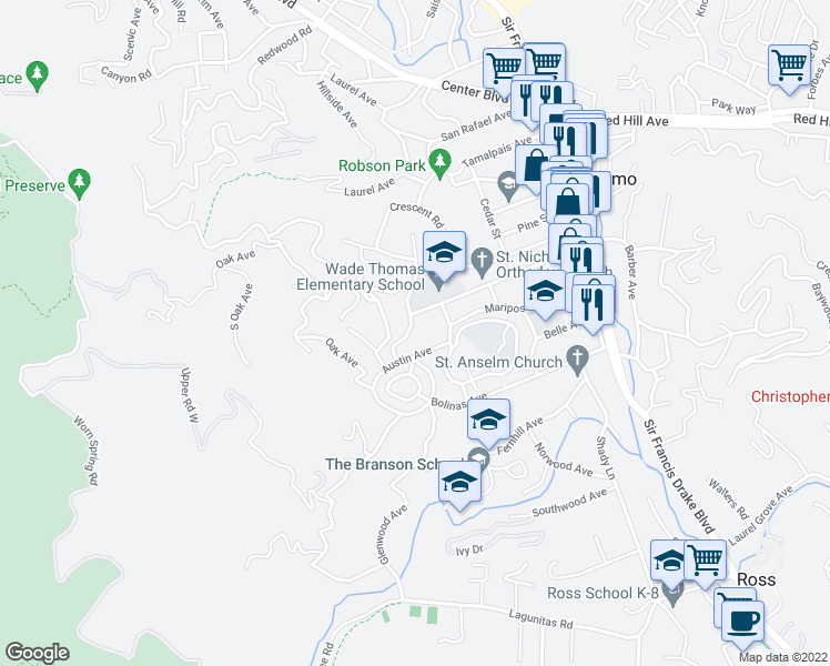 map of restaurants, bars, coffee shops, grocery stores, and more near 26 Austin Avenue in San Anselmo